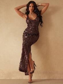 Silquee 女士性感沙滩度假亮片镂空半透明连衣裙，夏季 - 咖啡棕 - 查看 3