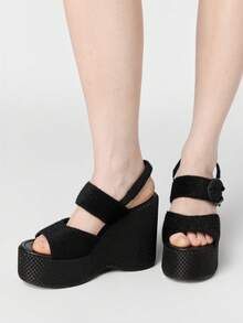 ROMWE Goth Platform Sandals Women's Slippers Fish Mouth Wedge Heel Fashion Women's Shoes - Black - View 4