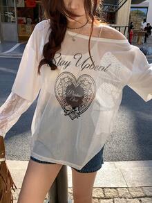 DAZY Women's Oblique Shoulder Korean Style Mesh Long Sleeve Printed Blouse - White - View 3