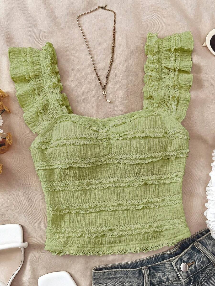 SHEIN 少女夏季绿色度假短袖蕾丝衬衫，纹理修身蕾丝上衣，适合下午茶、海滩度假等场合 - 綠色 - 查看 1