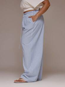 MUSERA Plus Size Tie Waist Wide Leg Striped Wide Leg Pants Trousers Spring Summer Cute Vacation Holiday Everyday Fall - Blue and White - View 3
