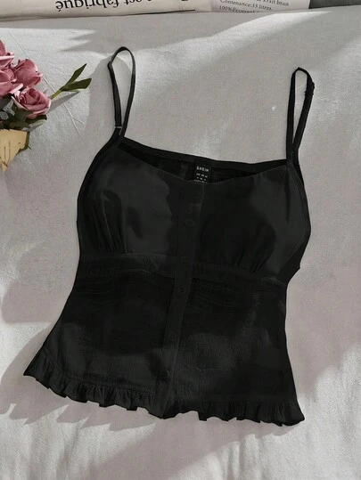SHEIN EZwear 女士黑色梭织吊带背心，纽扣设计，荷叶边装饰