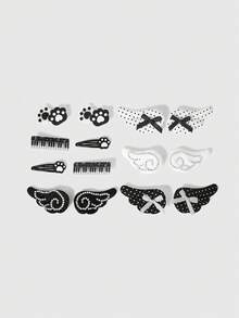 ROMWE Kawaii 14 Pieces Random Style Cute Style Black And White Polka Dot Hairpin, Handmade Wing Bow Cat Claw Piano Element Combination Small Hairpin, Lolita Style Rhinestone Hair Accessories Combination - Black and white polka dots - View 2