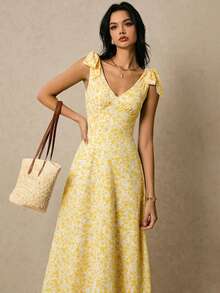 Poéselle Đầm maxi hai dây in họa tiết cổ chữ V thanh lịch dành cho nữ - Màu vàng - Xem 1