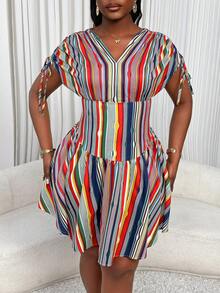 Xyvia Women's Colorful Striped V-Neck Ruched Drawstring Shoulder Sleeve Waist Flared Dress, Elegant Holiday Dress For Spring/Summer - Multicolor - View 5