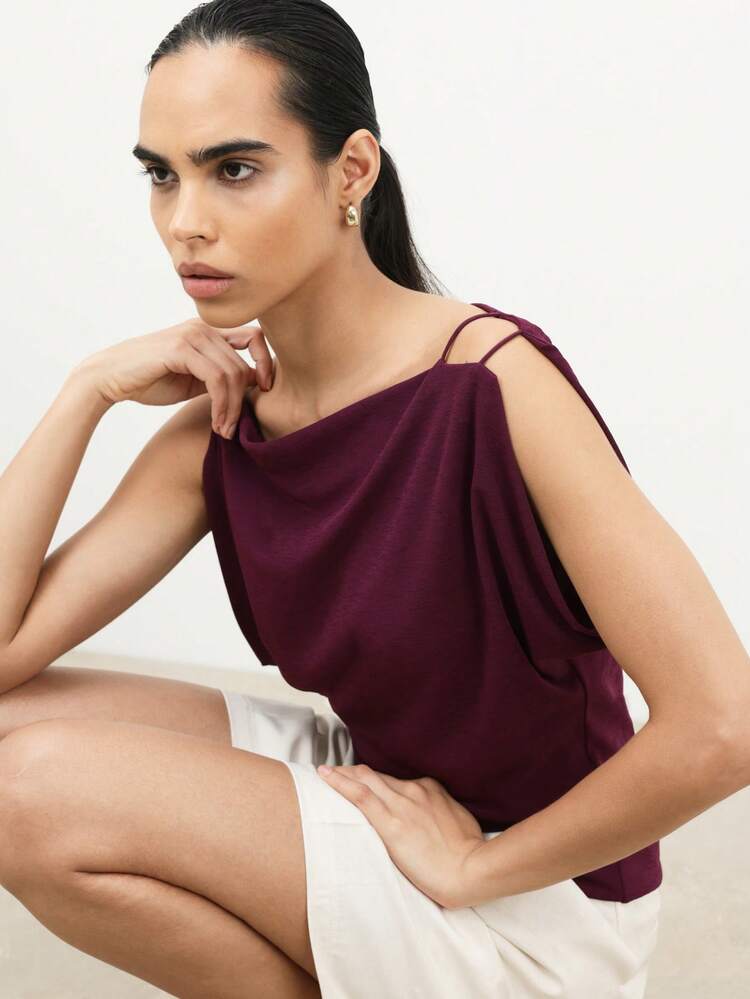 KSTM Women Off Shoulder Sleeveless Jersey Sling Top Asymmetric Neckline Casual Burgundy Blouse
