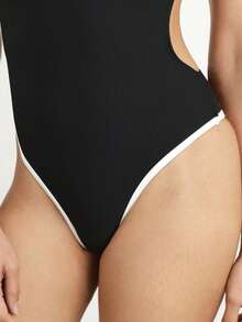 KSTM Women's Contrast Binding One Piece Swimsuit With Ribbed Texture And High Cut Leg Design Summer Beach Swimwear - Black - View 5