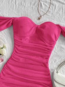 Soleia 女士度假针织网眼无肩带露肩紧身连衣裙 - 玫紅色 - 查看 4