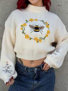 Bearsaez 女士蜜蜂刺绣落肩半高领毛衣、长袖上衣 - 杏色 - 查看 4
