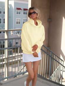 Sydney Algeri Trang phục mùa hè đơn giản, thường ngày dành cho nữ, màu kem vàng trơn, áo nỉ dài tay có mũ, không dây rút, dáng rộng, thích hợp cho mùa thu đông. - Vàng nhạt - Xem 3
