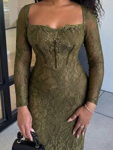 Alexandranx Damen Herbst/Winter Neu Sexy S-förmiges Spitze Langarm Bustier Korsett Meerjungfrau Maxi Bodycon Kleid, geeignet für Party, Date, Abend - Armeegrün - Übersicht 6