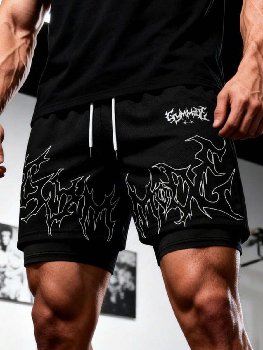 GymBeat 男士休闲印花抽绳二合一运动短裤 - 黑色 - 查看 1