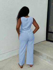 Alexandranx Set de 2 piezas para mujer con top ajustado de unicolor tejido y pantalón  holgado de cintura alta - Conjunto de ropa de primavera para mujer ideal para vacaciones tropicales, de lino - Azul - Ver 2