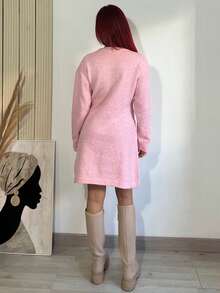 Bearsaez 女式花卉纹理落肩长袖休闲针织连衣裙，秋冬 - 粉色 - 查看 2