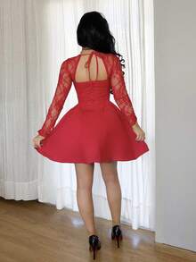 Vassilux 节日服装红裙圣诞派对舞会红色蕾丝长袖公主芭蕾舞短裙性感迷你连衣裙；秋季女装；节日派对礼服；新年前夜礼服；新年女装 - 紅色 - 查看 2