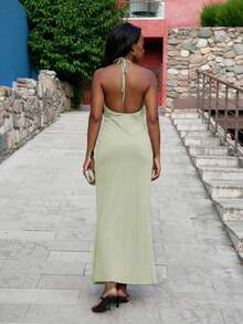 Yess Loren 女式长款针织高领露背修身连衣裙 - 薄荷綠 - 查看 2