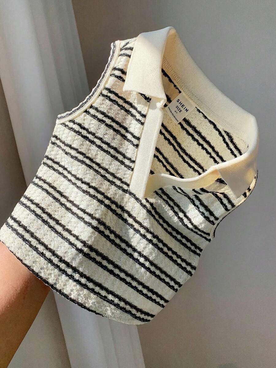 LMoss Kids Young Girl Striped Knit Collared Casual Tank Top - Apricot - View 1