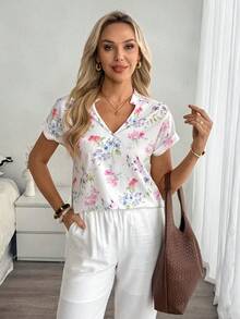 Louniche Standard Size Women V-Neck Vacation Floral Print Shirt - White - View 6