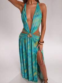 SHEIN BAE 牛油果绿印花 Y2K 性感露背金属纽扣装饰吊带超短连衣裙（沙滩派对、狂欢节派对、音乐节、适合海滩度假、超长印花连衣裙、绿色长裙、珍珠链装饰连衣裙、海滩度假、休闲度假） - 綠色 - 查看 5