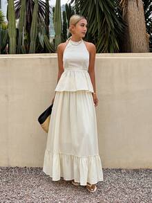 Livesso Conjunto de 2 piezas para mujer con top corto sin mangas de cuello redondo y falda acampanada - Albaricoque - Ver 5