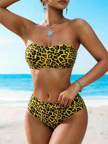SHEIN Swim 2025 Women's Fashionable Sexy Leopard Print Bandeau Bikini Set - Yellow - View 4