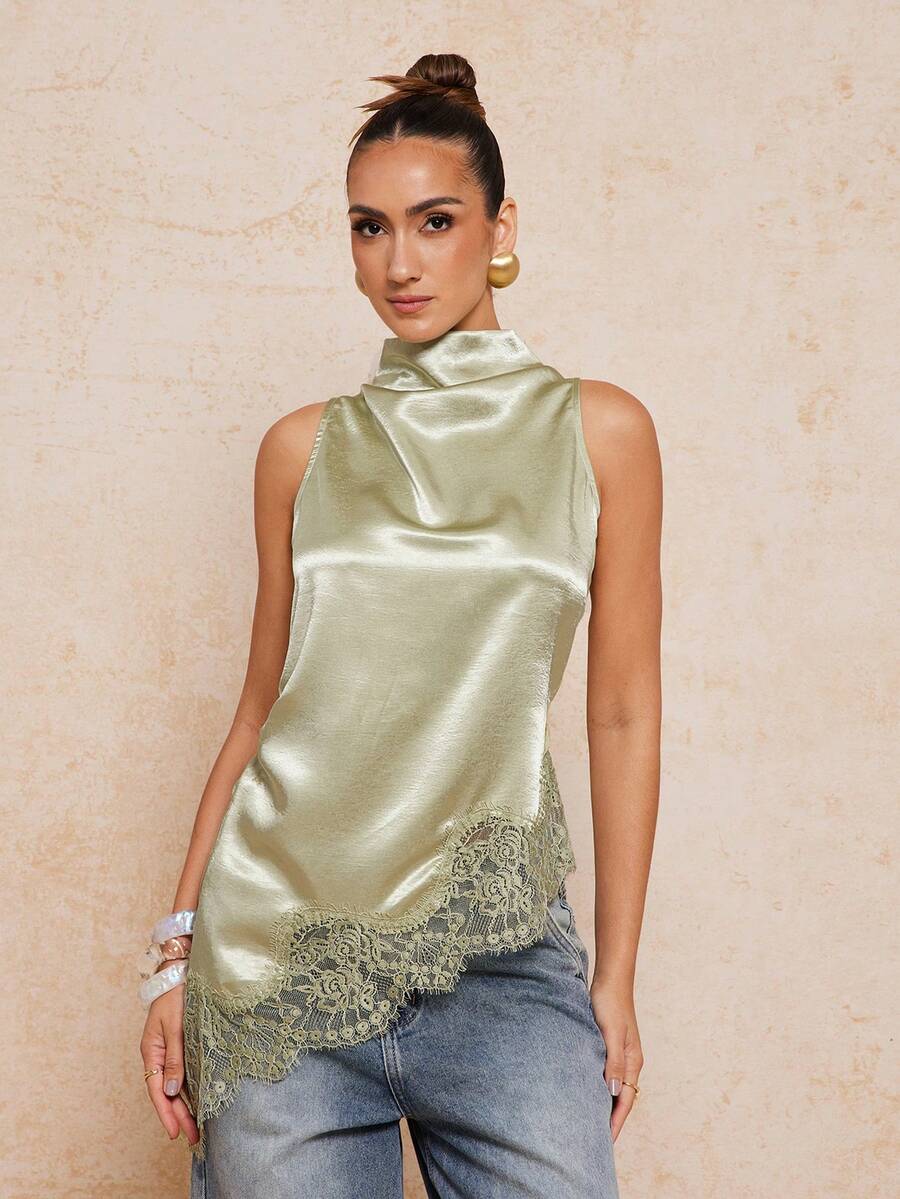 Lumalex Elegant Dark Green Sleeveless Stand Collar Top With Asymmetrical Hem And Lace Detail