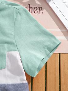 SHEIN Áo thun ngắn tay cổ bẻ phối ba màu cổ điển, thoải mái, phong cách thường ngày mùa hè cho trẻ em, thích hợp cho các hoạt động ngoài trời, đi học, dự tiệc và dạo phố. - Màu xanh Bạc hà - Xem 5