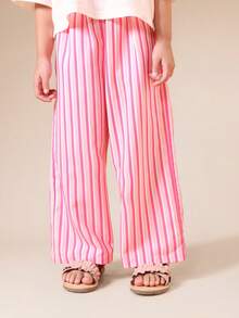 SUMWON Girls Tropical Palm Tree Striped Co-Ord Set Short Sleeve Crop Top Wide Leg Pants Summer Beach Vacation Outfit - Pink - View 4