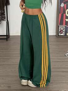 Muchica Women's Elastic Waist Side Stripe Wide Leg Loose Casual Sweatpants,Back To School - Green - View 4