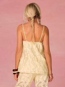 Athîral 女士夏季休闲度假提花花朵贴花吊带背心和阔腿裤两件套 - 黃色 - 查看 6