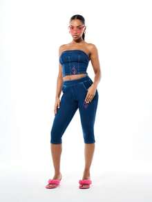 BABYPHAT SDBP681 - QUẦN LEGGING JERSEY CAPRI DENIM LOOK CÓ TOPSTITCH - Màu xanh lam - Xem 8
