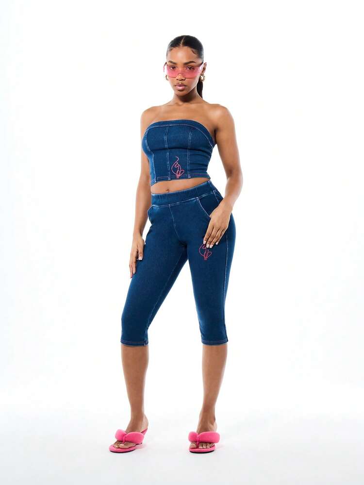 BABYPHAT High Waisted Denim Look Jersey Capri Leggings With Pink Embroidered Script Detail And Topstitch Seams