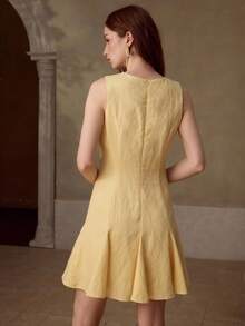 MOTF PREMIUM WOMEN'S LINEN BLEND ROUND NECK SLEEVELESS SHORT CASUAL DRESS, SPRING/SUMMER - Yellow - View 3