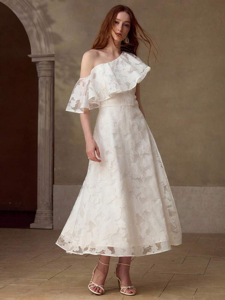 WOMEN'S RUFFLED SHOULDER TEXTURED FABRIC MID-LENGTH CASUAL/DATE DRESS, SPRING/SUMMER