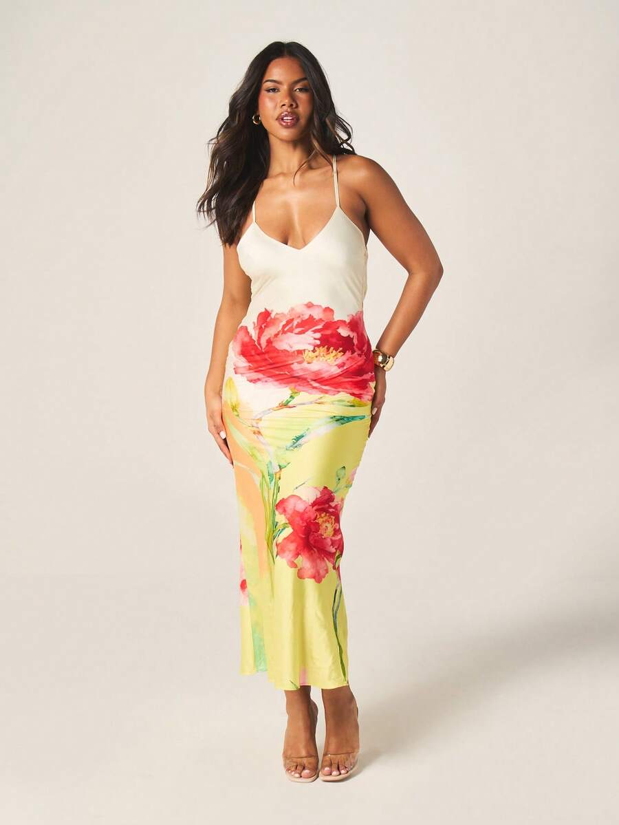 MISSGUIDED Floral Print Halter Neck Long Maxi Dress With Cross Back Straps Bodycon Fit Summer Beach Wedding Guest Cocktail Evening Party Wear - Yellow - View 1