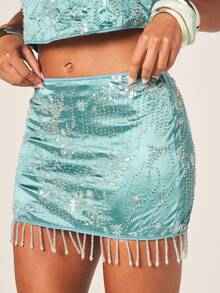 MISSGUIDED Chân váy ngắn màu ngọc lam đính cườm và tua rua, kiểu dáng ôm sát, thích hợp cho tiệc tùng, câu lạc bộ, lễ hội, mùa hè. - Màu xanh bụi bặm - Xem 1