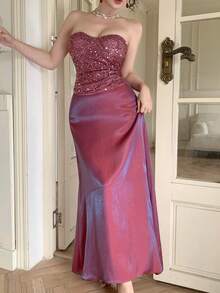 DAZY 女士优雅亮片抹胸上衣和半裙两件套，夏季 - 紫色 - 查看 5