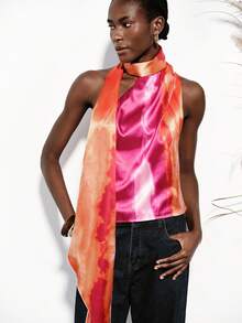 Aveloria Modichic Women's Pink And Orange Silk Tie Dye Cami Top,Summer Elegant Party Night Gradient Sleeveless Blouse,Draped Neck Hanging Ribbon Design,Backless - Multicolor - View 5
