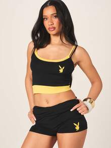 Missguided x Playboy Black High Waist Fold Over Booty Shorts With Yellow Contrast Trim And Bunny Logo - Black - View 3