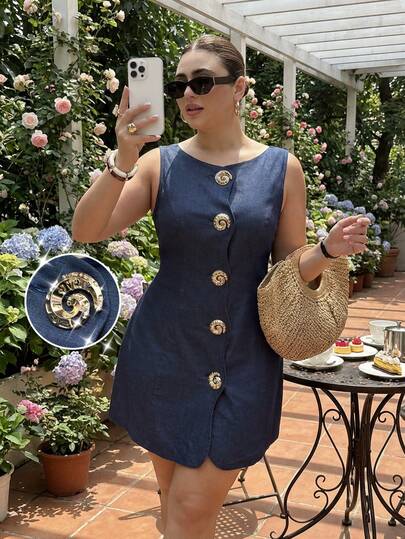 Dripcurv Vestido sin mangas con botones de metal de estilo casual de talla grande para verano