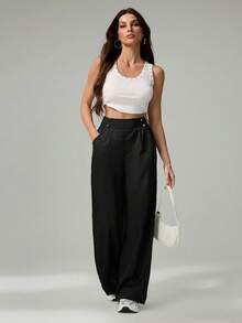 SHEIN Tall 女士优雅双扣直筒办公裤 - 黑色 - 查看 7