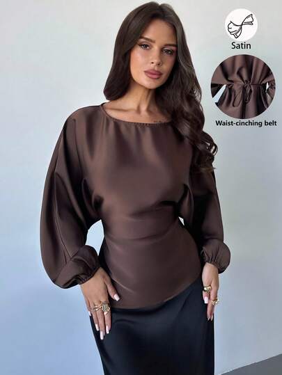 Firerie Women's New Elegant Romantic Casual Urban Commute Elegant Fashion Versatile Coffee Brown Round Neck Batwing Long Sleeve Tie-Waist X-Shaped Regular Fit Blouse, Suitable For Teacher Outfit, Spring/Summer/Autumn, Airport Outfit, Going Out, Vacation, Holiday, Casual Blouses For Women