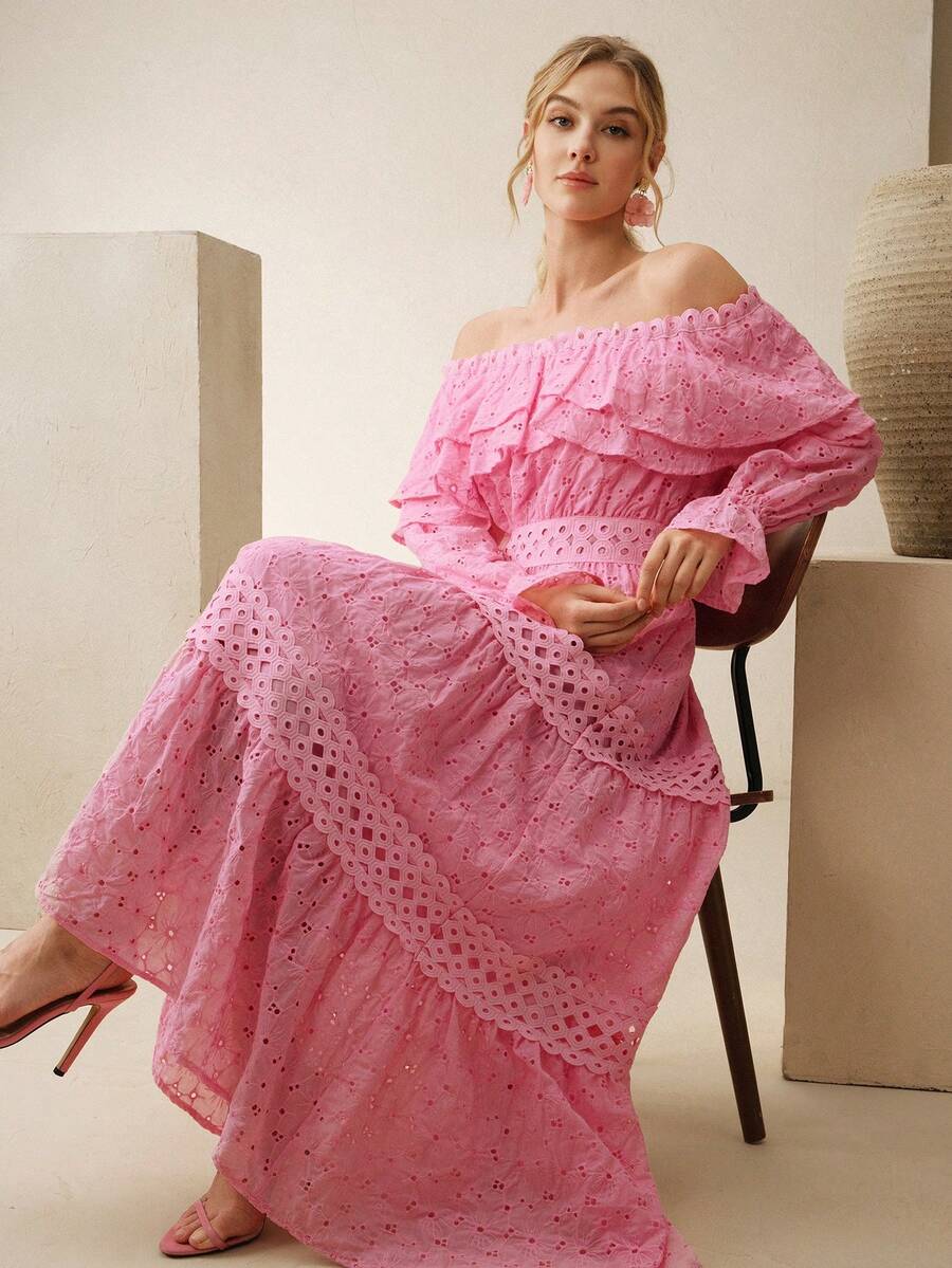 Anewsta 粉色刺绣花卉饰边露肩连衣裙，浪漫度假风，适合春夏穿着 - 粉色 - 查看 1