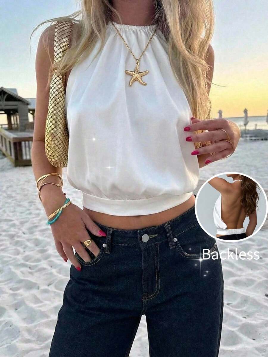 Aloruh 新款春夏露背吊带缎面吊带背心，白色，适合约会、婚礼、休闲穿着 - 白色 - 查看 1