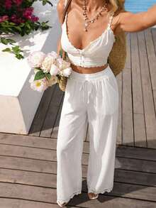Vivid Eden 女士春夏度假装，女士棉质长裤，女士休闲优雅浪漫度假抽绳腰裤，舒适百搭，白色，女士夏季度假宽松阔腿长裤，优雅女士夏季海边度假波西米亚风长裤，白色阔腿裤，女士夏季阔腿裤，白色亚麻裤 - 白色 - 查看 2