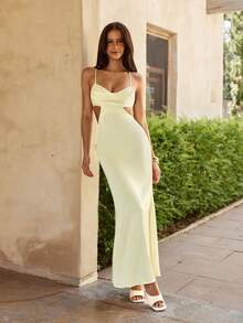 KARISMINA 女士时尚休闲优雅浪漫度假派对婚礼宾客连衣裙，黄色连衣裙 - 淡黃色 - 查看 3