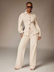 Denimoi Contrast Stitch Cinched Waist Button Front Collared Denim Top Fashionable Tops Denim On Denim - Dark Wash - View 3