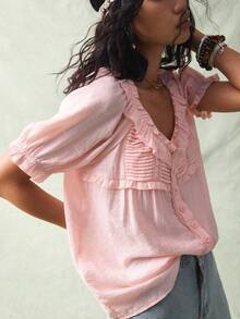 SoleilVie Solid Color Scoop Neck Ruffle Front Button Casual Short Sleeve Shirt Pink Blouses Peasant Top Blouse Summer Pink Babydoll Top Pink Ruffle Top Ruffle Blouse Ruffled Blouse Pink Summer Top - Pink - View 6