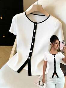 GlowEve Women's Casual Contrast Trim Button Front T-Shirt, Summer - Black and White - View 6