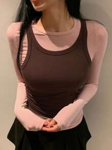 DAZY 2pcs/Set Women Solid Color Crew Neck Long Sleeve T-Shirt And Sleeveless Casual Tank Top, Spring/Autumn Lounge Sets For Women - Pink - View 4